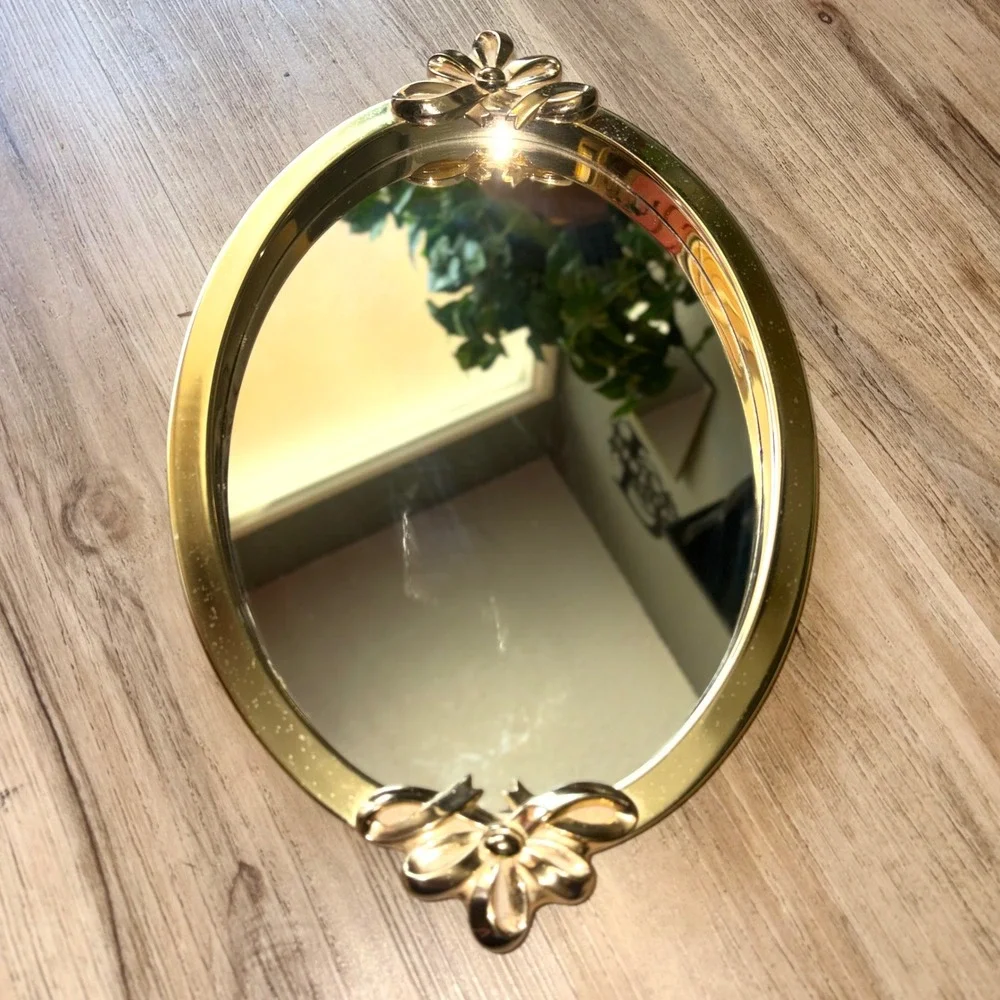 CI Gold Oval Mirrored Vanity Tray Bow Floral Accents Vintage Style 13.5in
